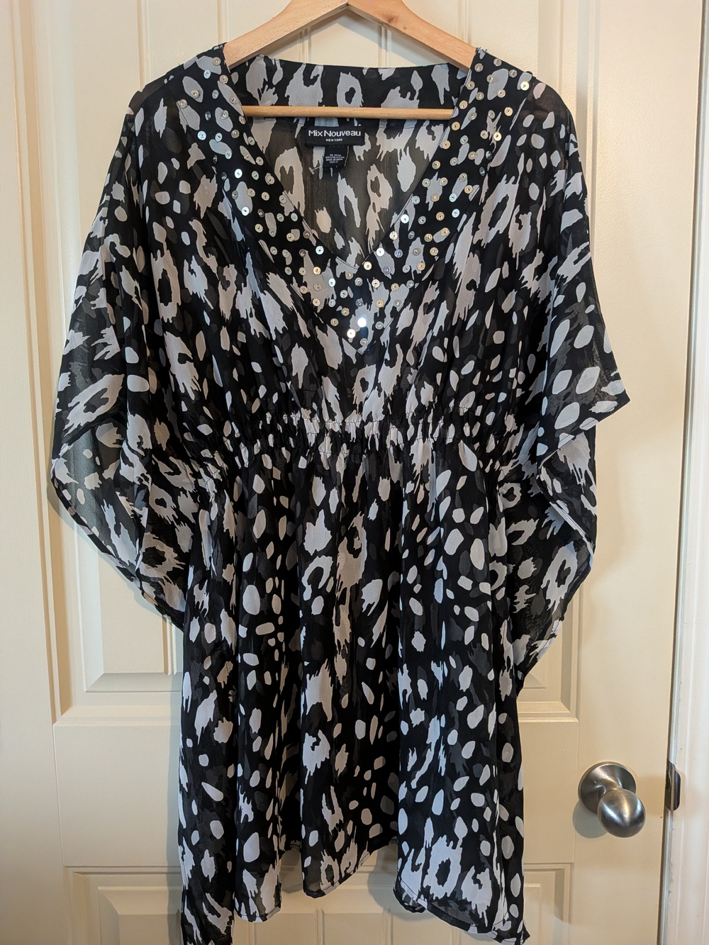 Black & White Leopard Print V-Neck Semi-sheer Top With Sequin Accents